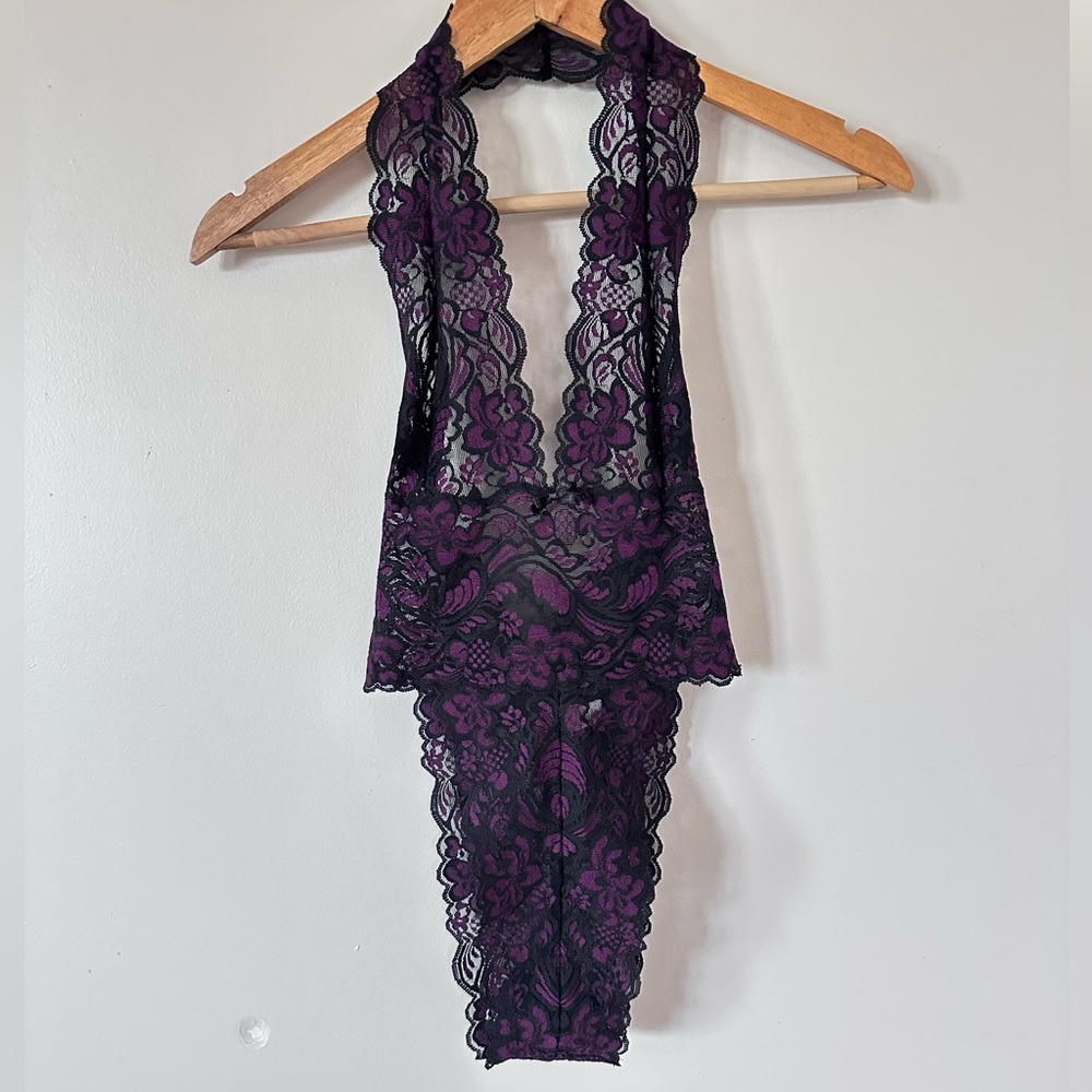 Frederick's of Hollywood Vintage Deep Purple Lace Chemise Bodysuit